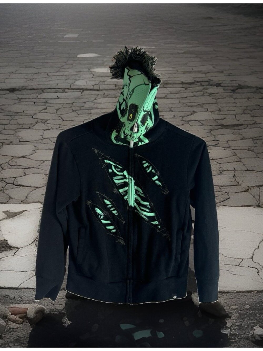 Brothers Full Zip Up Face Hoodie youth boys XXS Black Green Mohawk Punk Skeleton